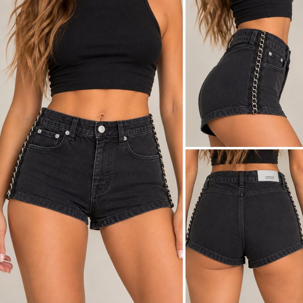Carmar Denim Black Chain Crochet Jean Shorts 26 High Rise Grunge Rock Y2K Punk